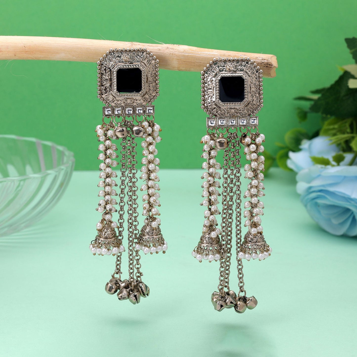Black Color Kashmiri Kundan Earrings Crafted with Stylish Ethnic Designer Finish