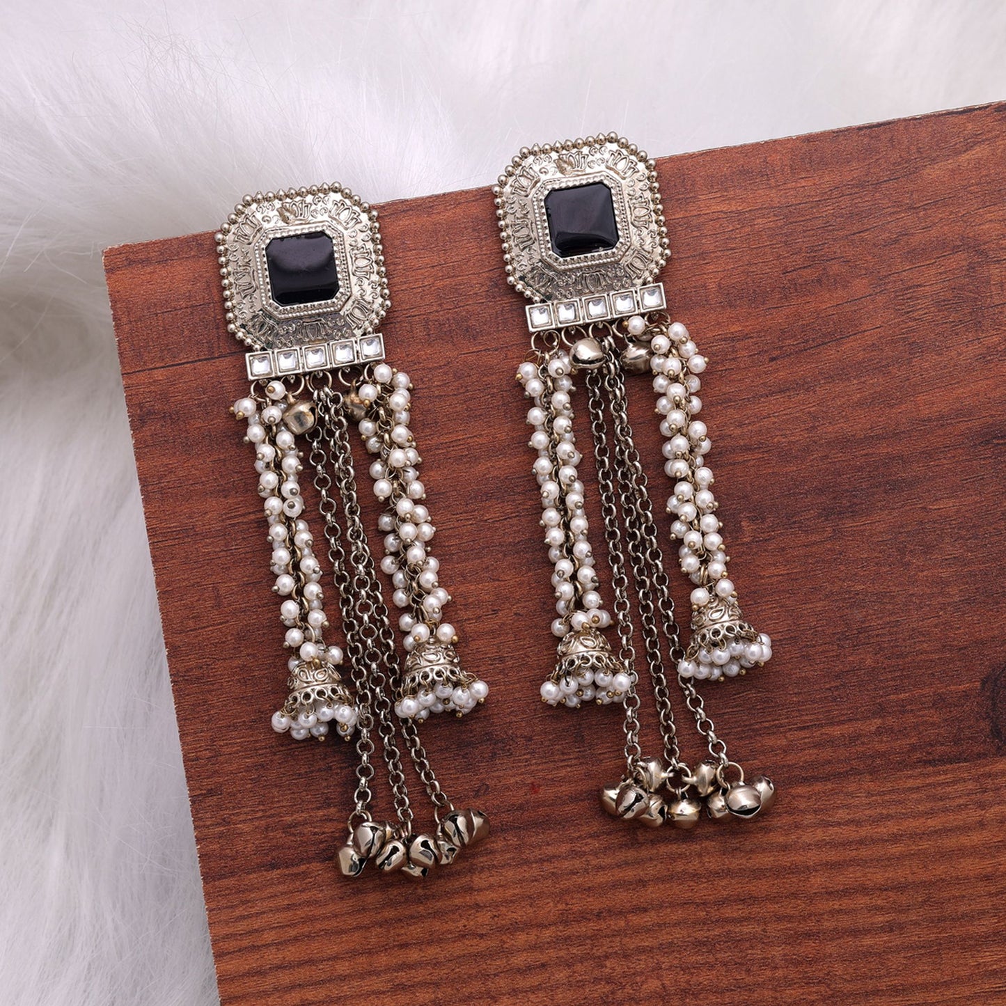 Black Color Kashmiri Kundan Earrings Crafted with Stylish Ethnic Designer Finish