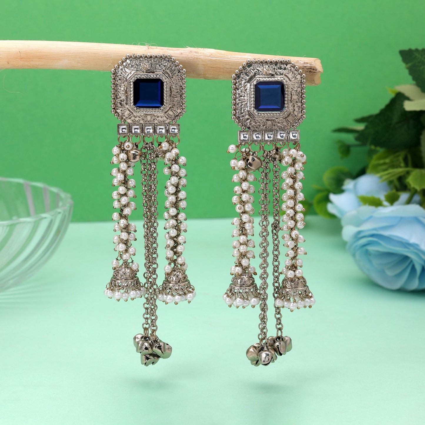 Blue Color Kashmiri Kundan Earrings Featuring Beautiful Handmade Jewelry Appeal