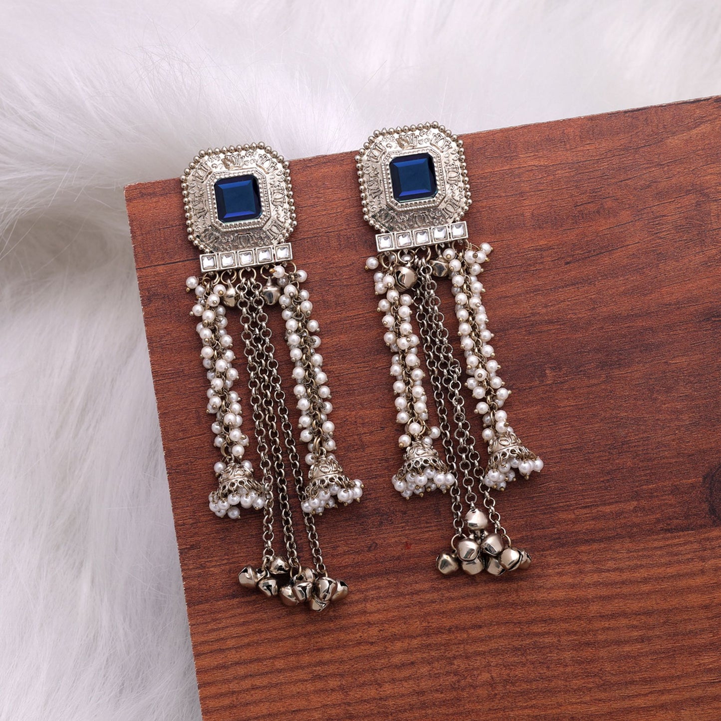 Blue Color Kashmiri Kundan Earrings Featuring Beautiful Handmade Jewelry Appeal