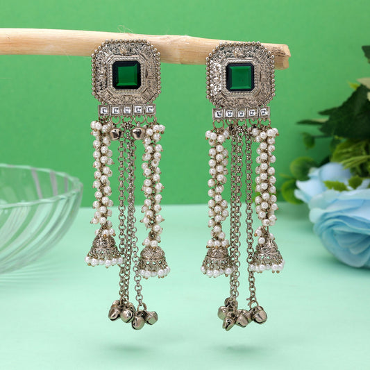 Green Color Kashmiri Kundan Earrings Featuring Beautiful Festive Jewelry Style
