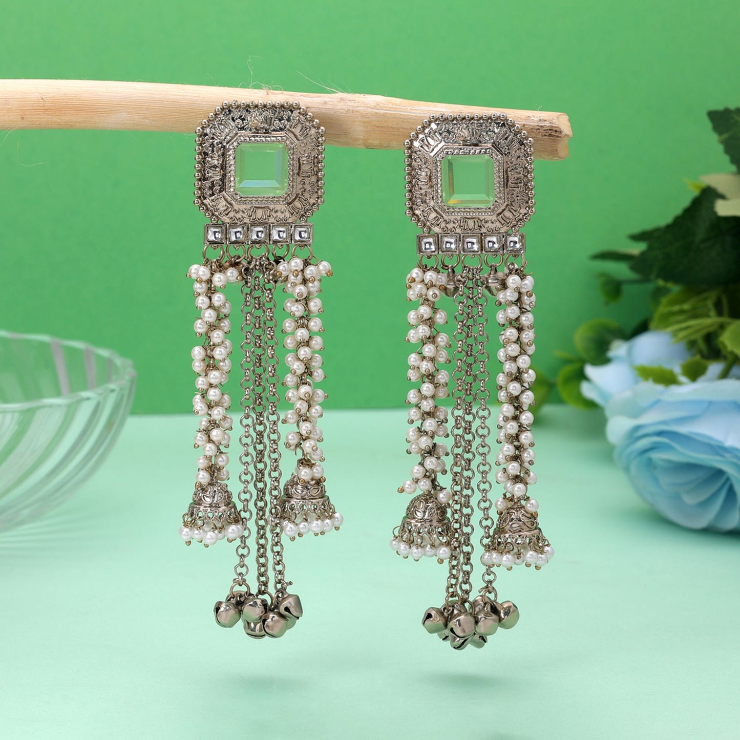Light Green Color Kashmiri Kundan Earrings Featuring Elegant Designer Style