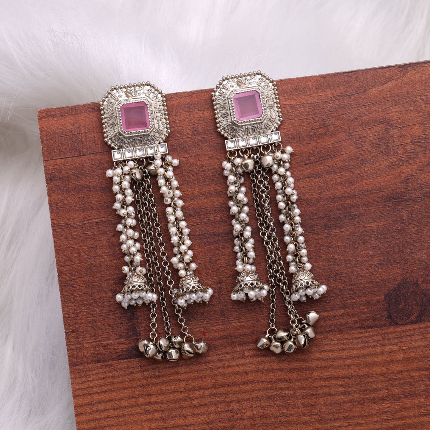 Light Pink Color Kashmiri Kundan Earrings with Premium Traditional Jewelry Finish