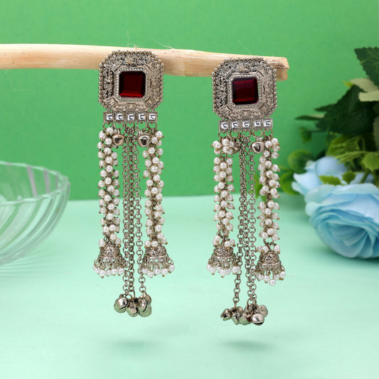 Red Color Kashmiri Kundan Earrings Featuring Royal Handmade Jewelry Design