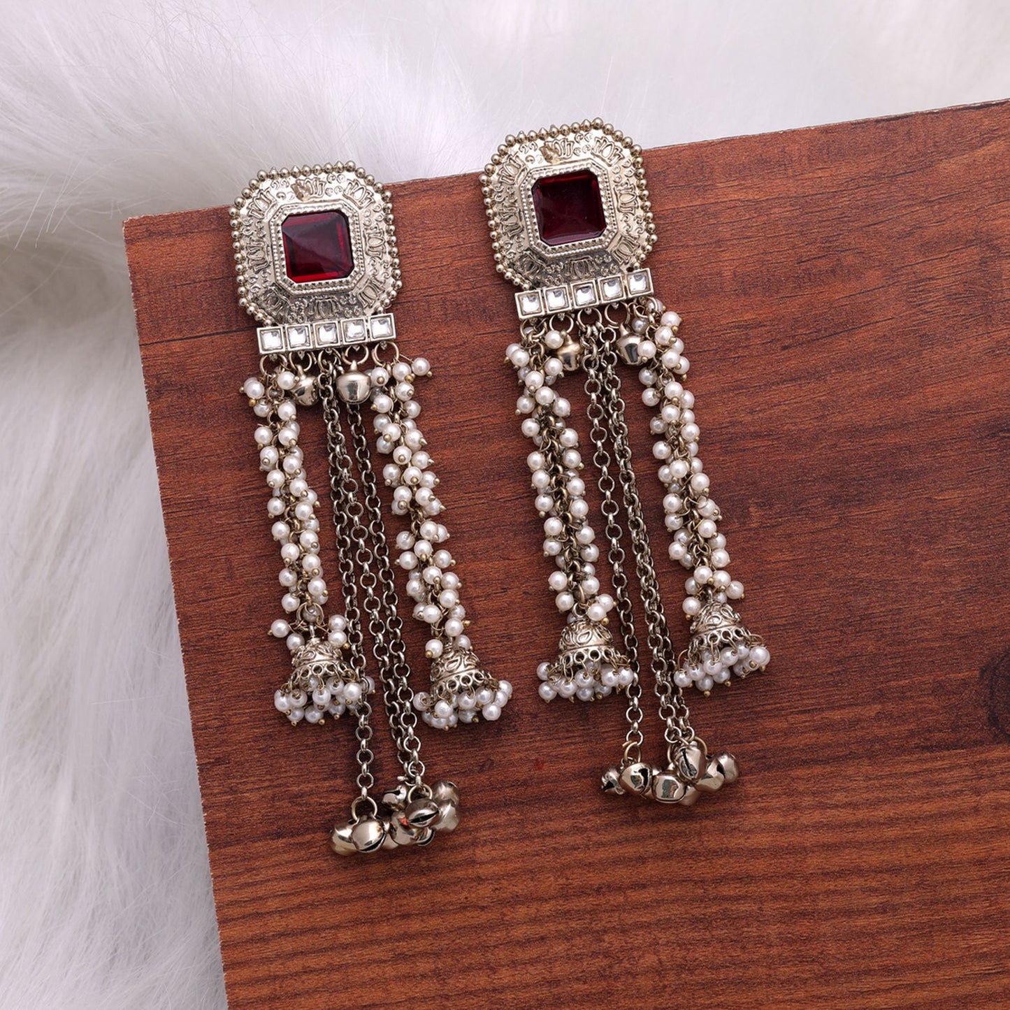 Red Color Kashmiri Kundan Earrings Featuring Royal Handmade Jewelry Design