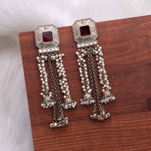 Red Color Kashmiri Kundan Earrings Featuring Royal Handmade Jewelry Design