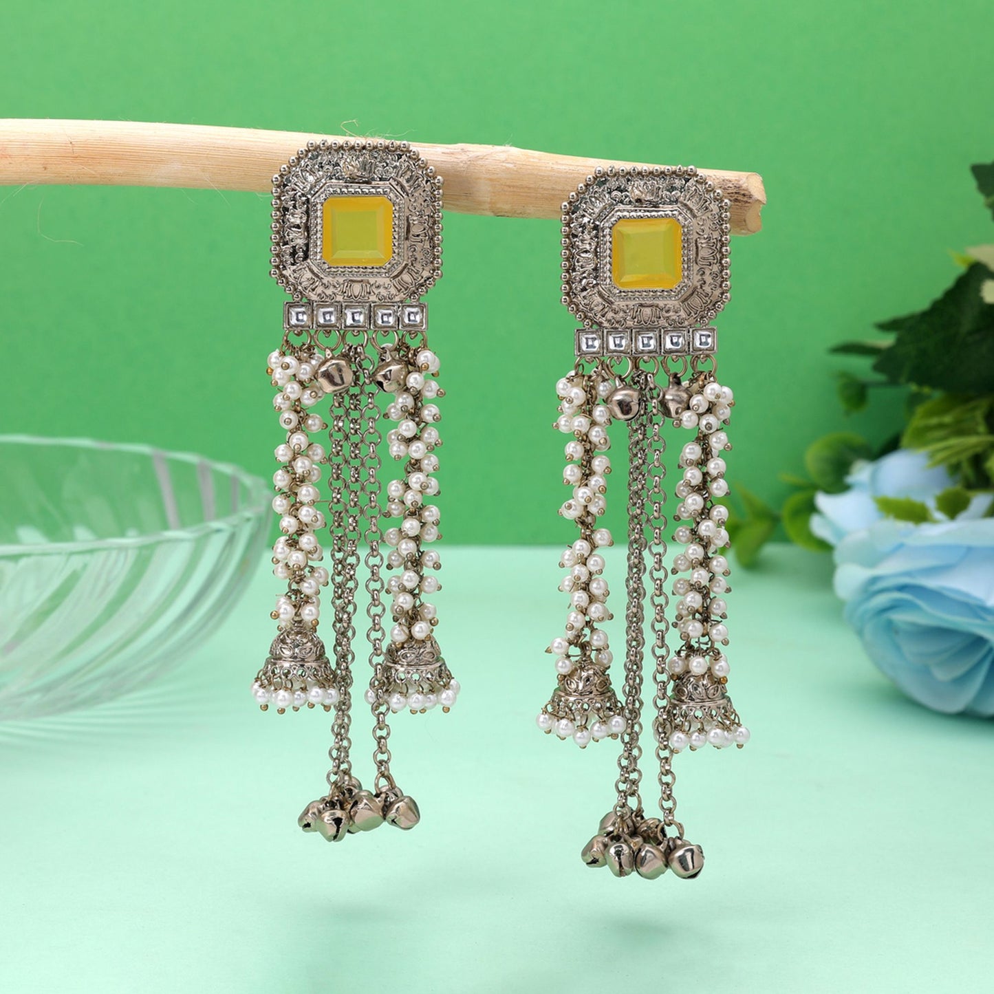 Yellow Color Kashmiri Kundan Earrings with Graceful Handmade Traditional Appeal