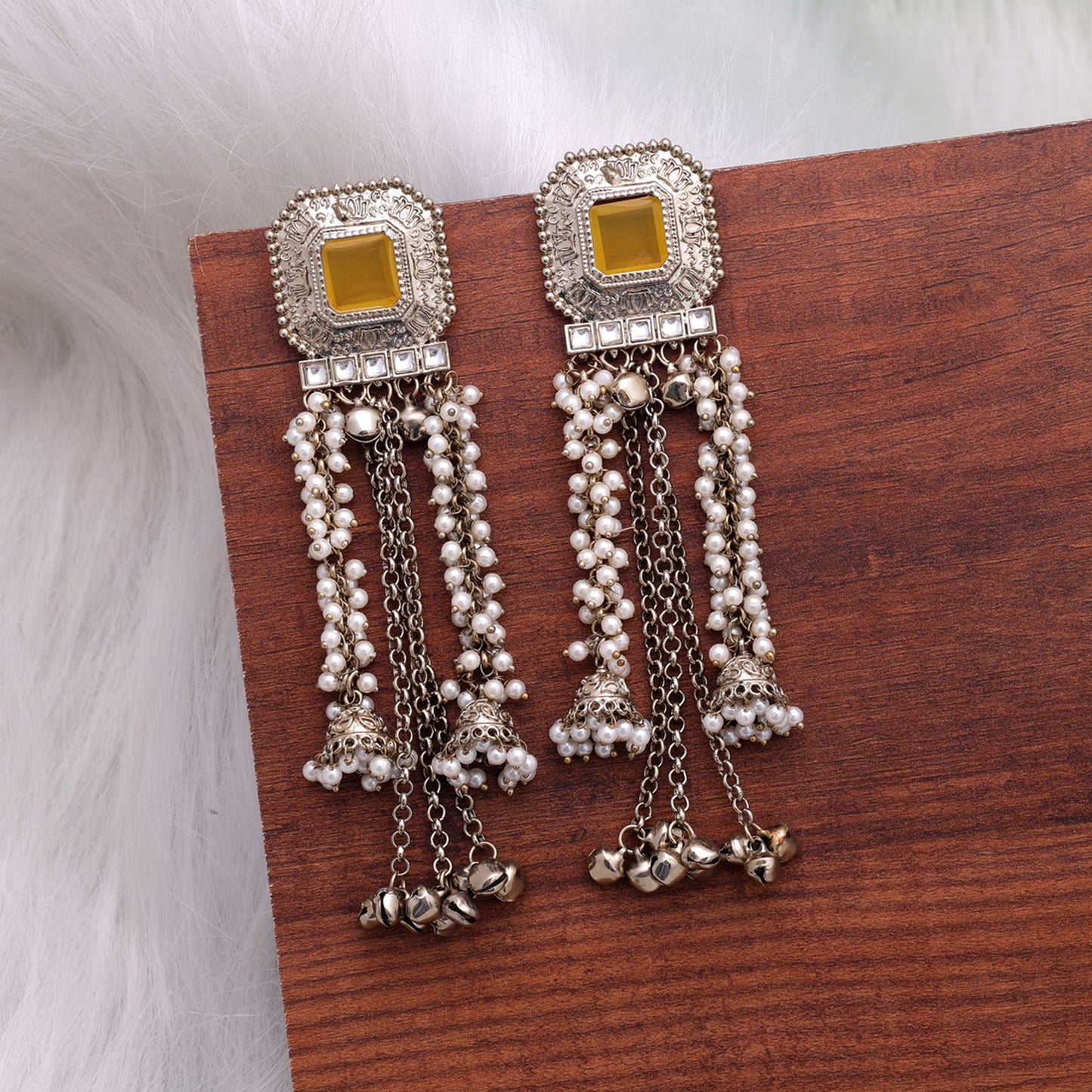 Yellow Color Kashmiri Kundan Earrings with Graceful Handmade Traditional Appeal