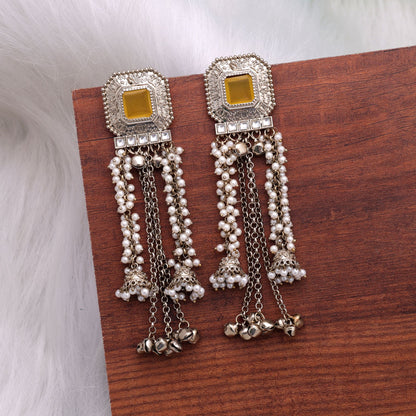 Yellow Color Kashmiri Kundan Earrings with Graceful Handmade Traditional Appeal