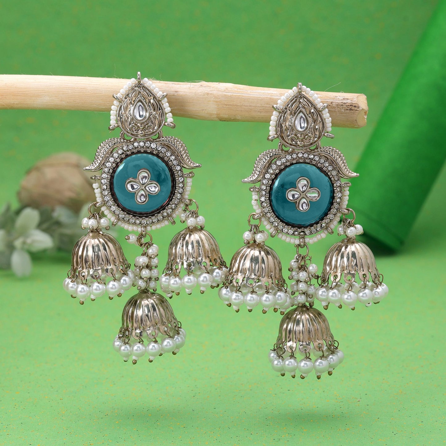 Blue Color Kundan Earrings Featuring Elegant Festive Jewelry Collection Style