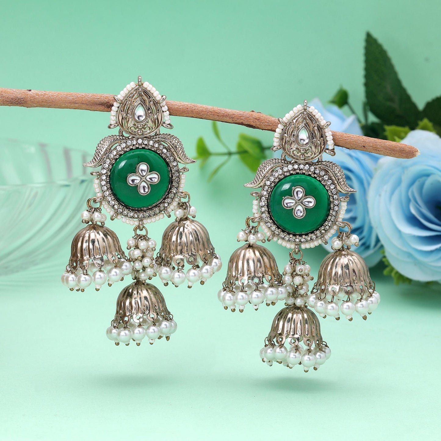 Green Color Kundan Earrings with Stylish Handmade Designer Fashion Finish