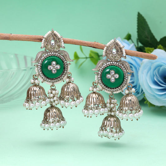 Green Color Kundan Earrings with Stylish Handmade Designer Fashion Finish