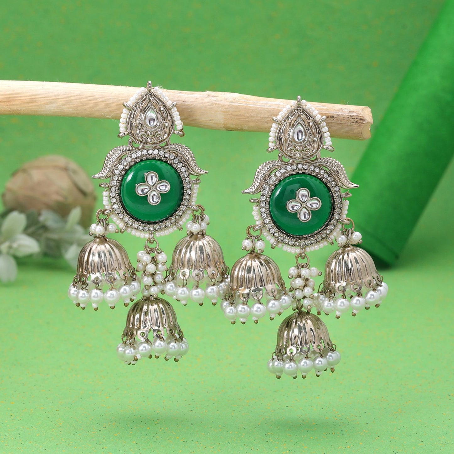 Green Color Kundan Earrings with Stylish Handmade Designer Fashion Finish