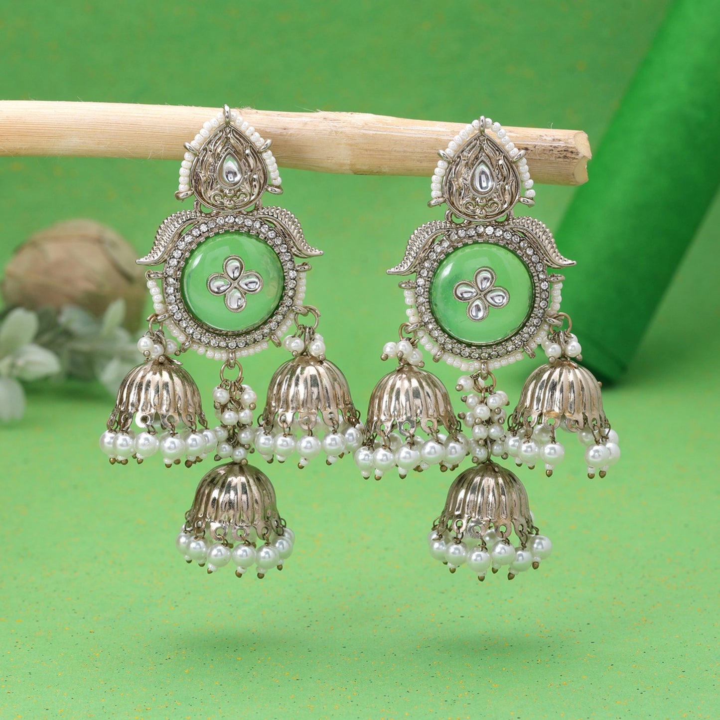 Light Green Color Kundan Earrings with Elegant Handmade Jewelry Design