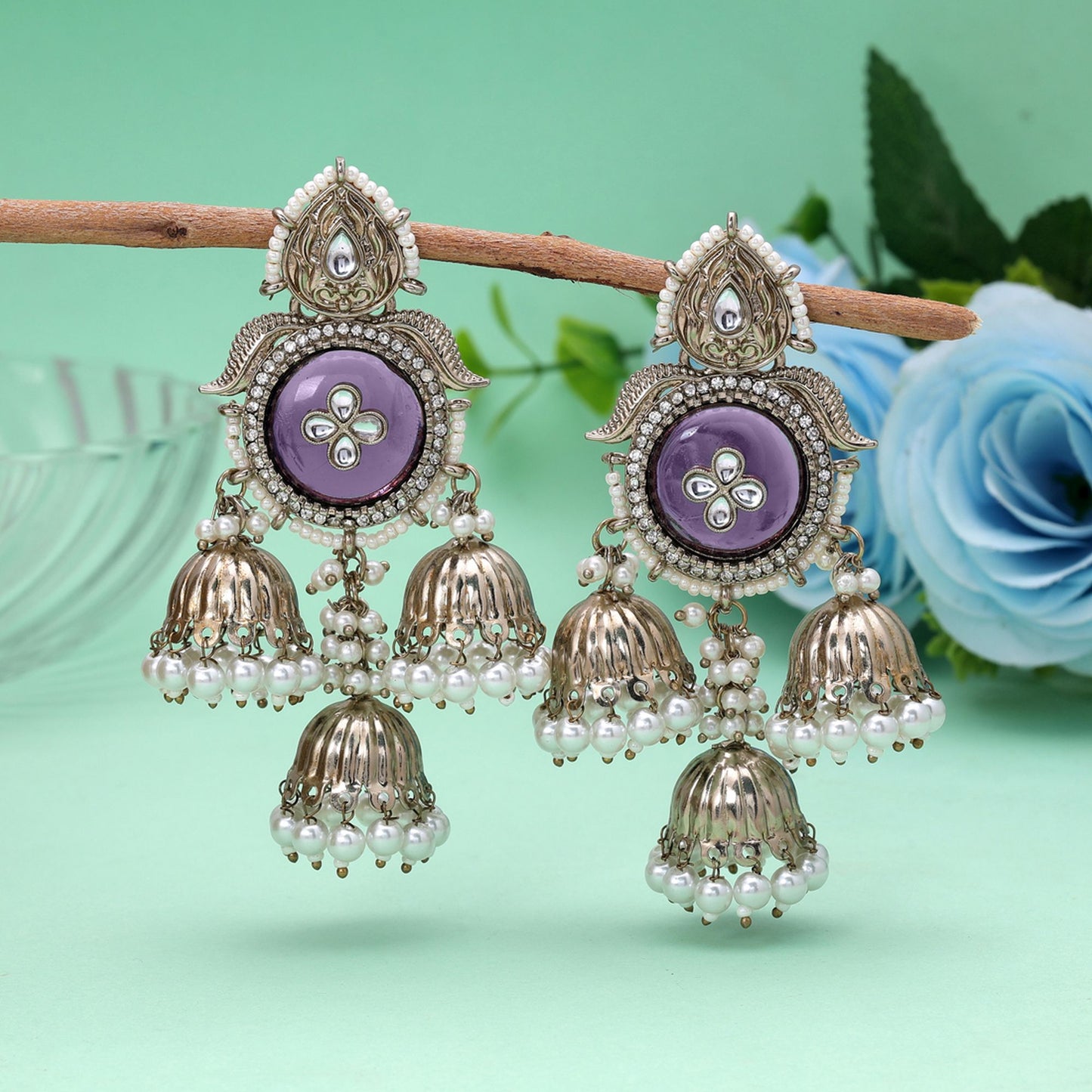 Light Purple Color Kundan Earrings with Beautiful Ethnic Jewelry Finish