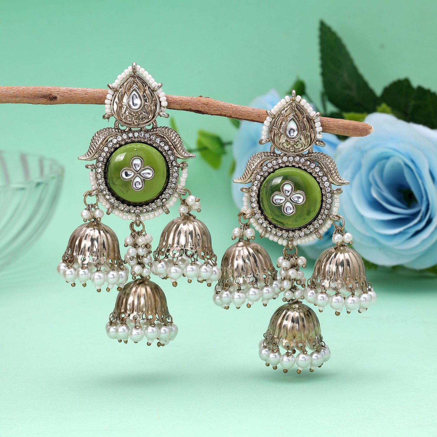 Olive Green Color Kundan Earrings Crafted with Premium Traditional Appeal