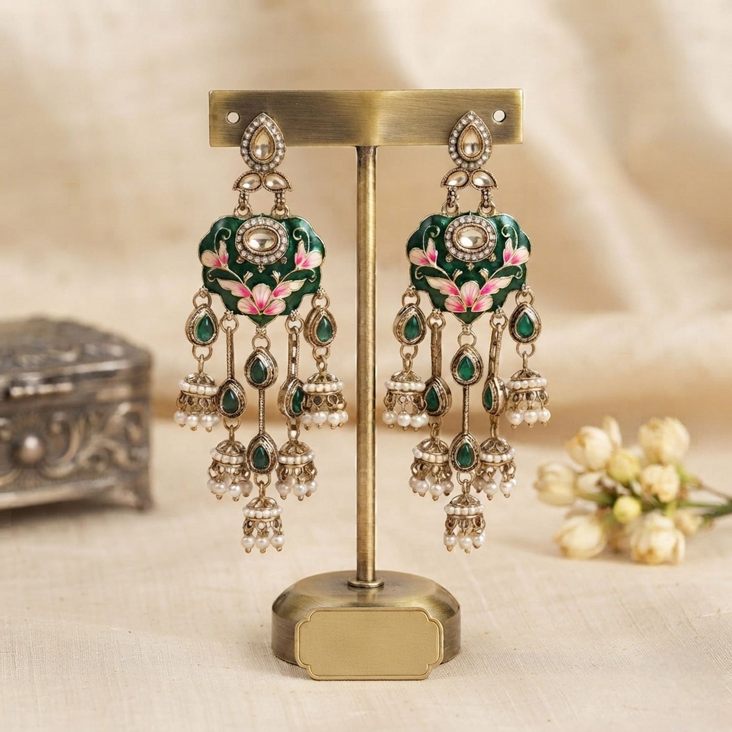 Green Color Meenakari Kundan Earrings with Premium Festive Designer Jewelry Appeal