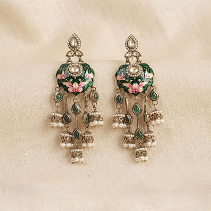 Green Color Meenakari Kundan Earrings with Premium Festive Designer Jewelry Appeal