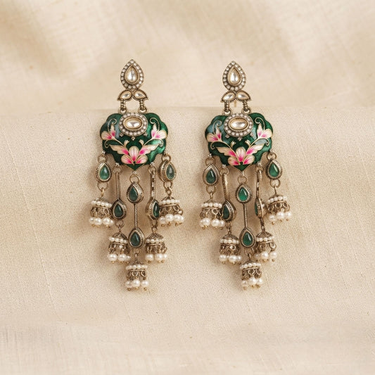 Green Color Meenakari Kundan Earrings with Premium Festive Designer Jewelry Appeal