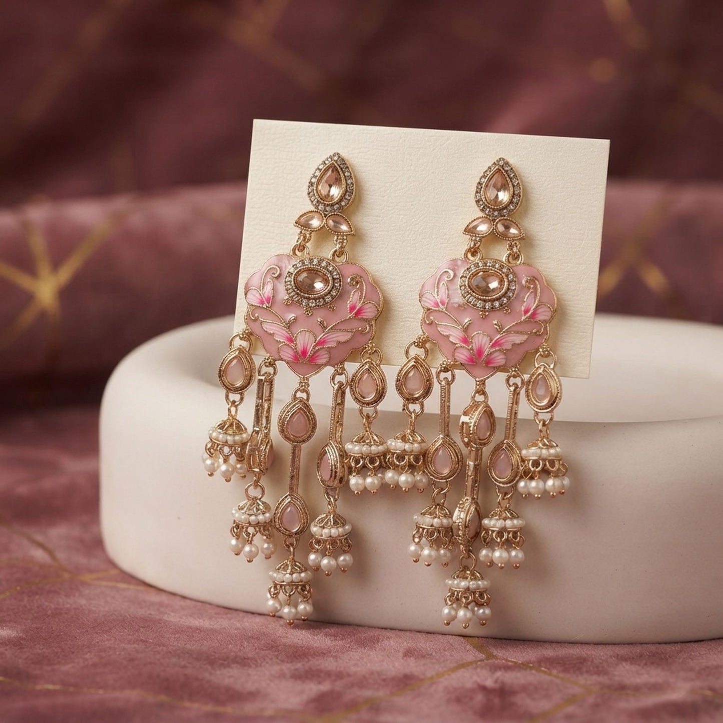 Light Pink Color Meenakari Kundan Earrings with Graceful Traditional Jewelry Appeal