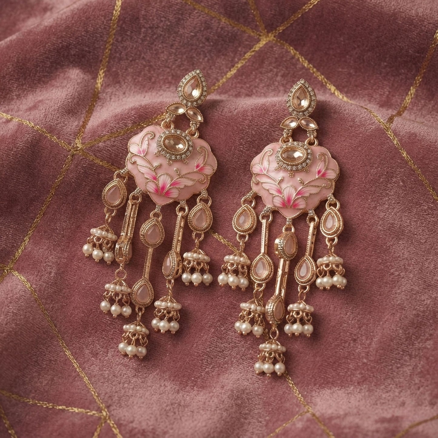 Light Pink Color Meenakari Kundan Earrings with Graceful Traditional Jewelry Appeal