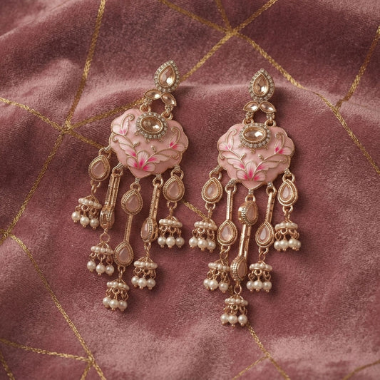 Light Pink Color Meenakari Kundan Earrings with Graceful Traditional Jewelry Appeal