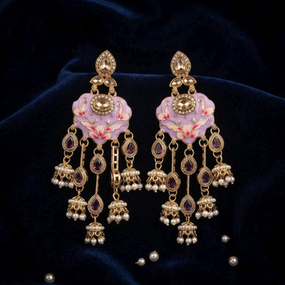 Light Purple Color Meenakari Kundan Earrings Featuring Beautiful Handmade Traditional Fashion Style