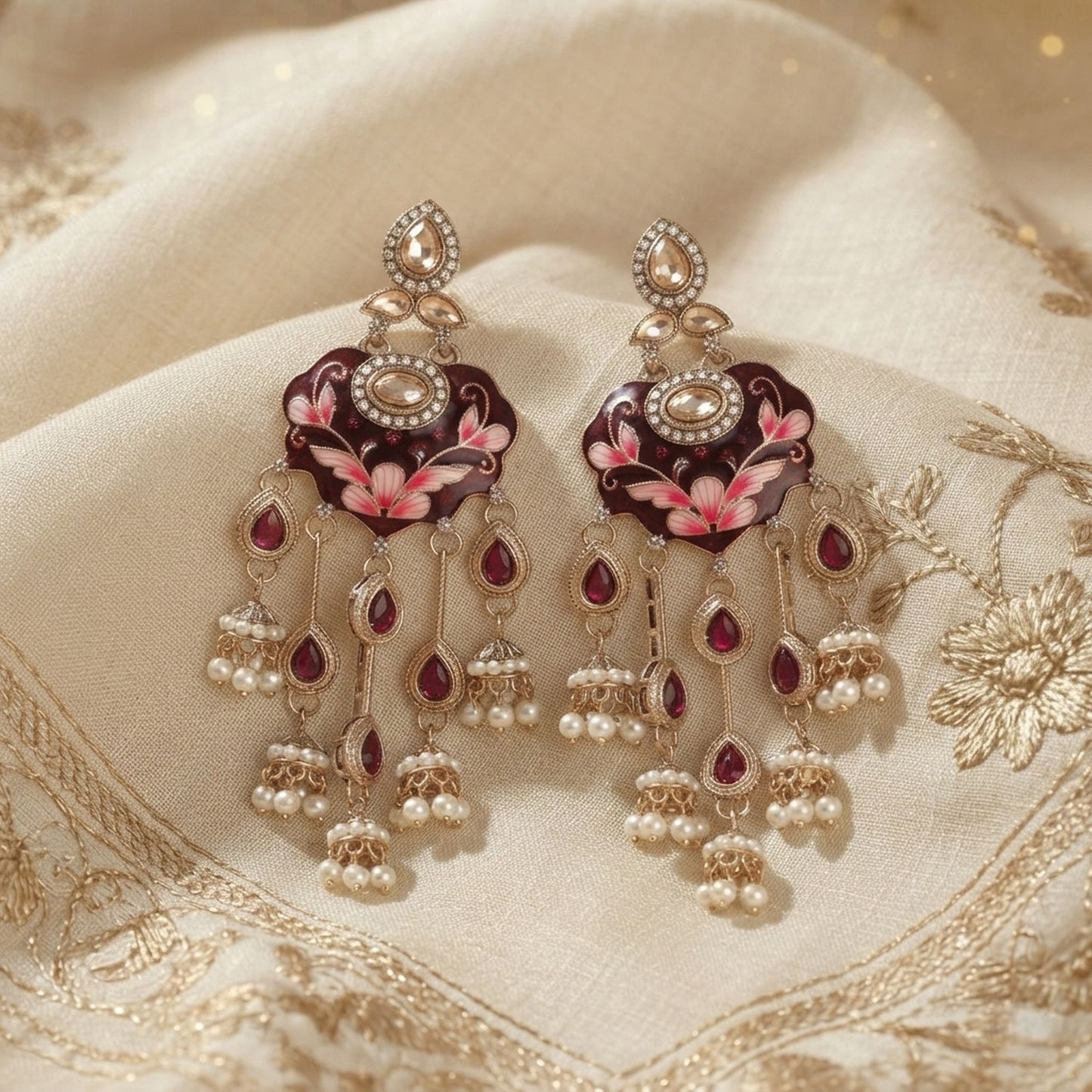 Maroon Color Meenakari Kundan Earrings Featuring Royal Ethnic Traditional Jewelry Style