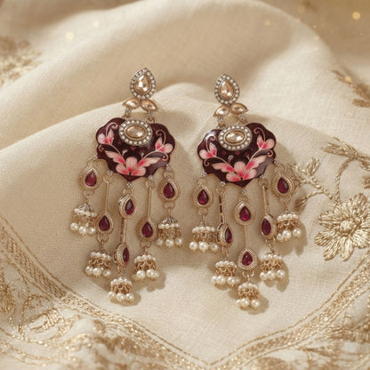 Maroon Color Meenakari Kundan Earrings Featuring Royal Ethnic Traditional Jewelry Style