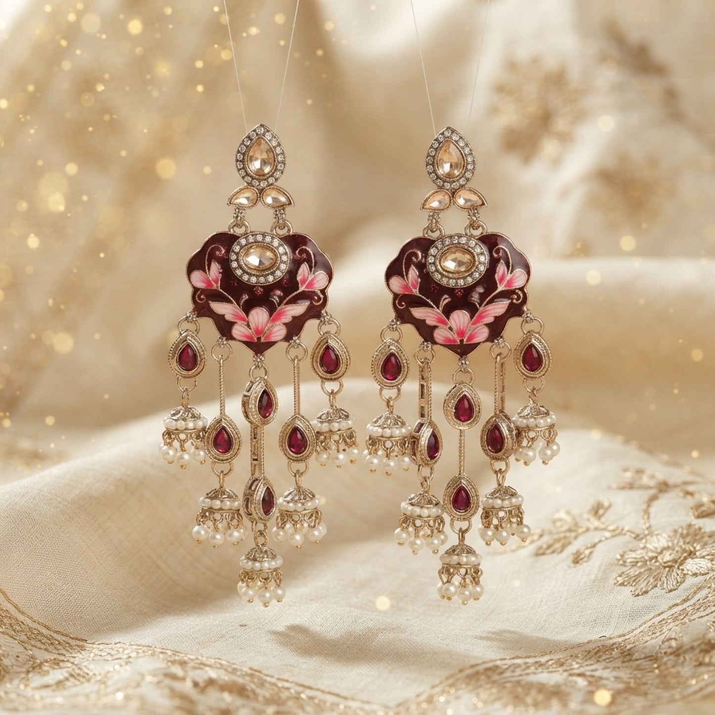 Maroon Color Meenakari Kundan Earrings Featuring Royal Ethnic Traditional Jewelry Style