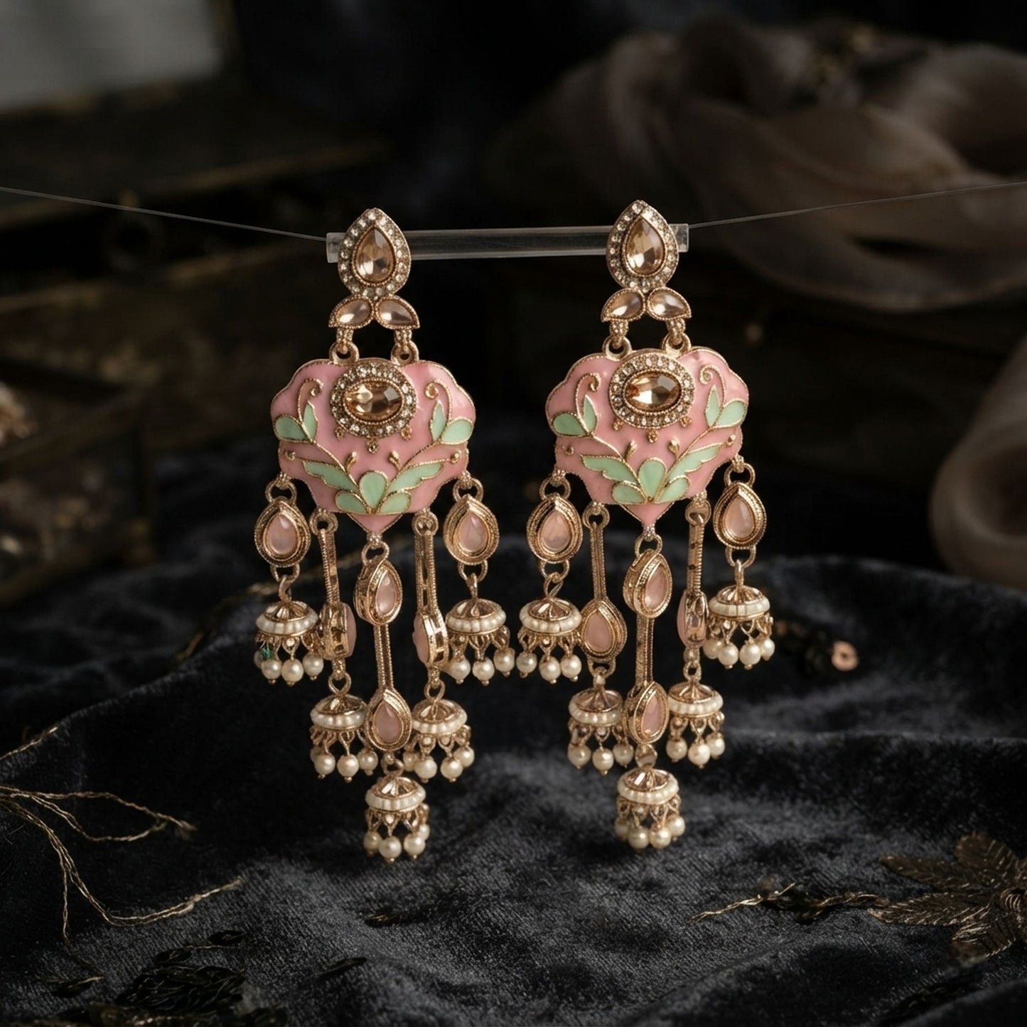 Light Pink & Pista Green Color Meenakari Kundan Earrings with Elegant Ethnic Design