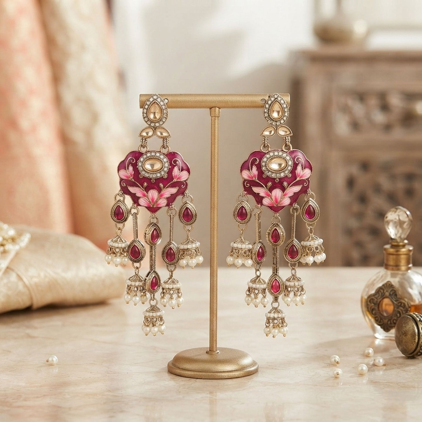Rani Color Meenakari Kundan Earrings with Royal Traditional Handmade Jewelry Finish