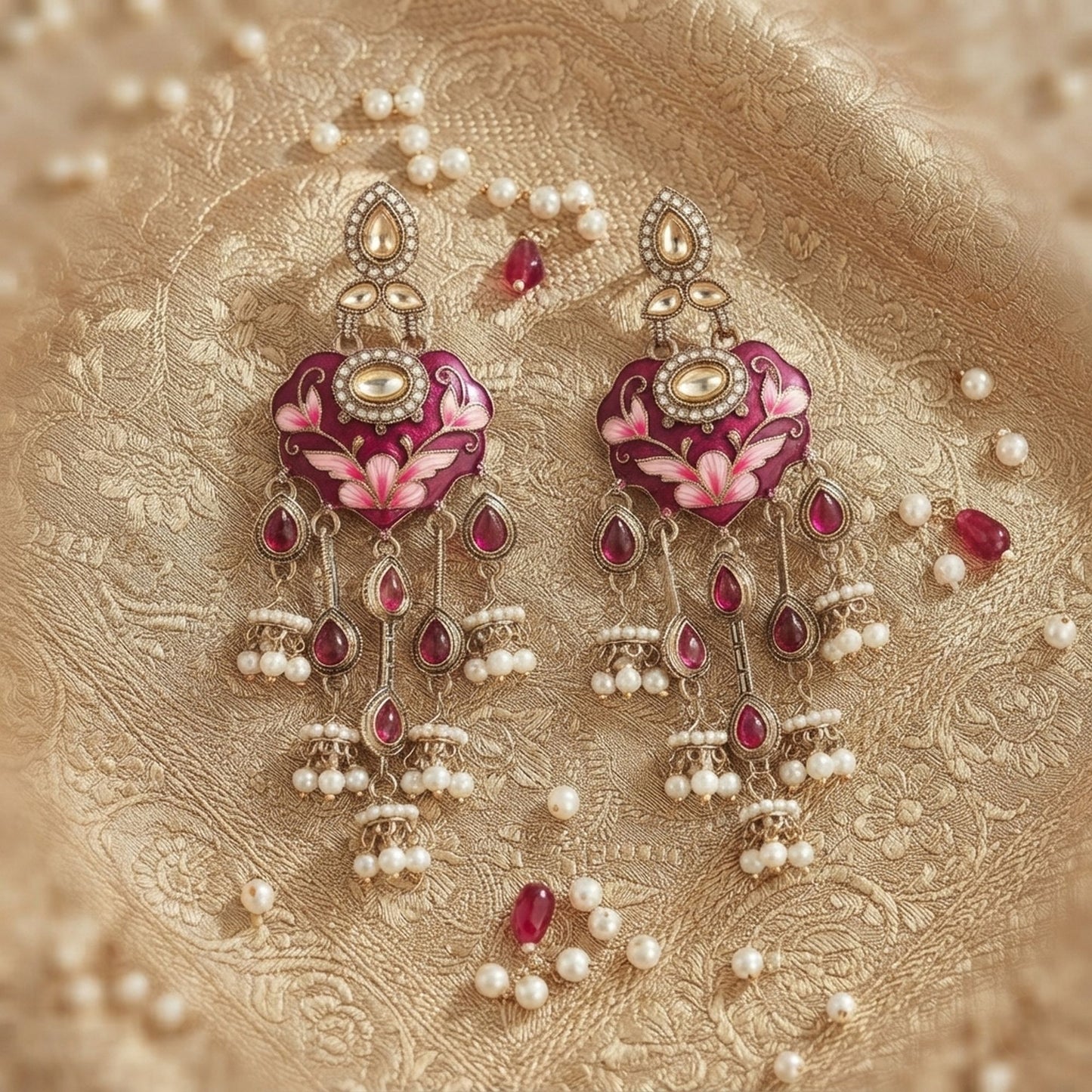 Rani Color Meenakari Kundan Earrings with Royal Traditional Handmade Jewelry Finish
