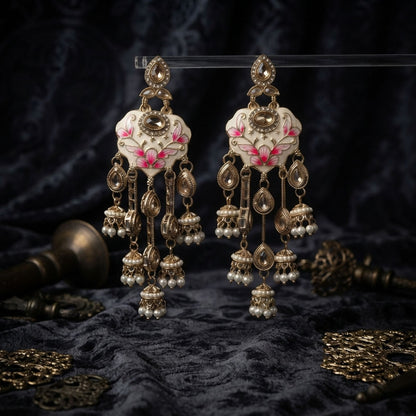White Color Meenakari Kundan Earrings Featuring Beautiful Festive Ethnic Fashion Appeal