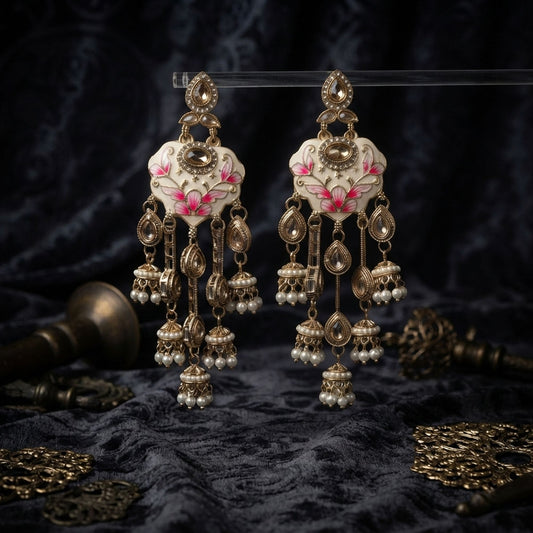 White Color Meenakari Kundan Earrings Featuring Beautiful Festive Ethnic Fashion Appeal