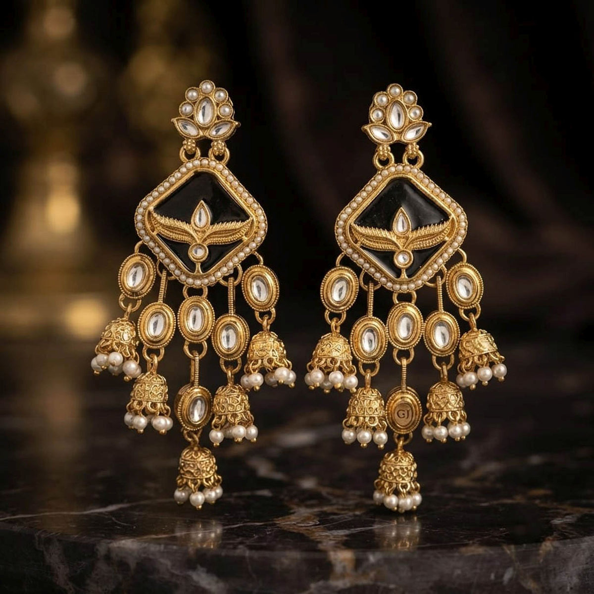 Black Color Kundan Earrings Featuring Premium Designer Traditional Fashion Style