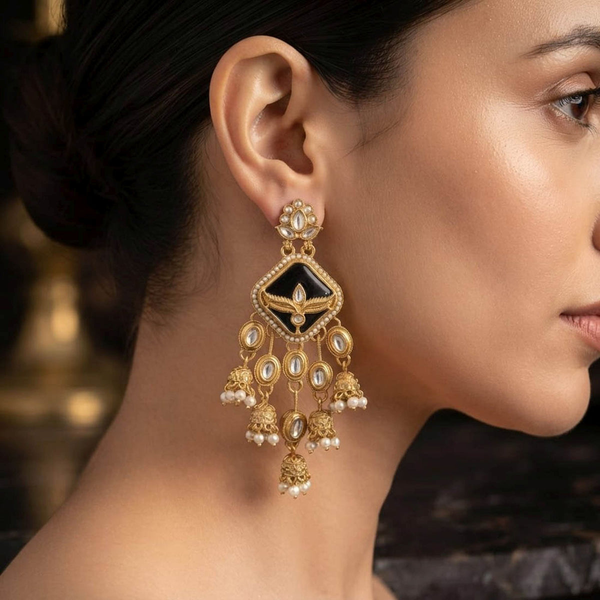 Black Color Kundan Earrings Featuring Premium Designer Traditional Fashion Style