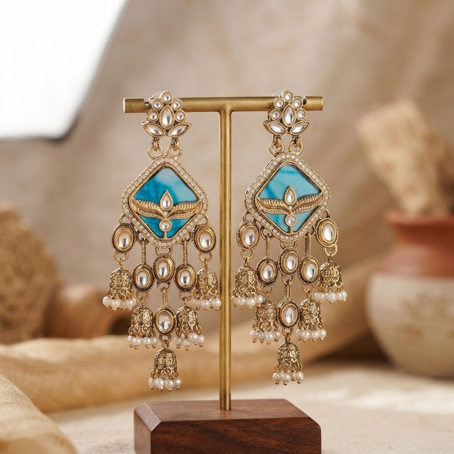 Blue Color Kundan Earrings with Stylish Designer Ethnic Fashion Appeal