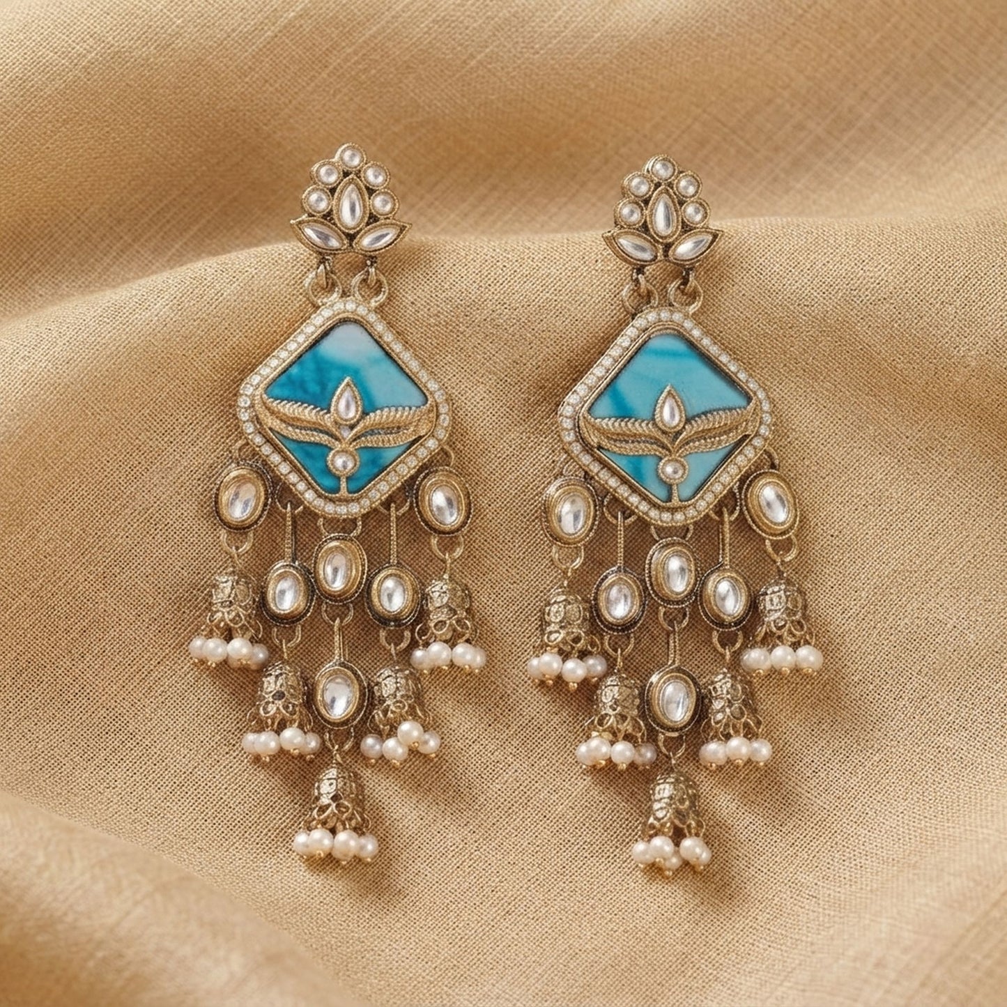 Blue Color Kundan Earrings with Stylish Designer Ethnic Fashion Appeal