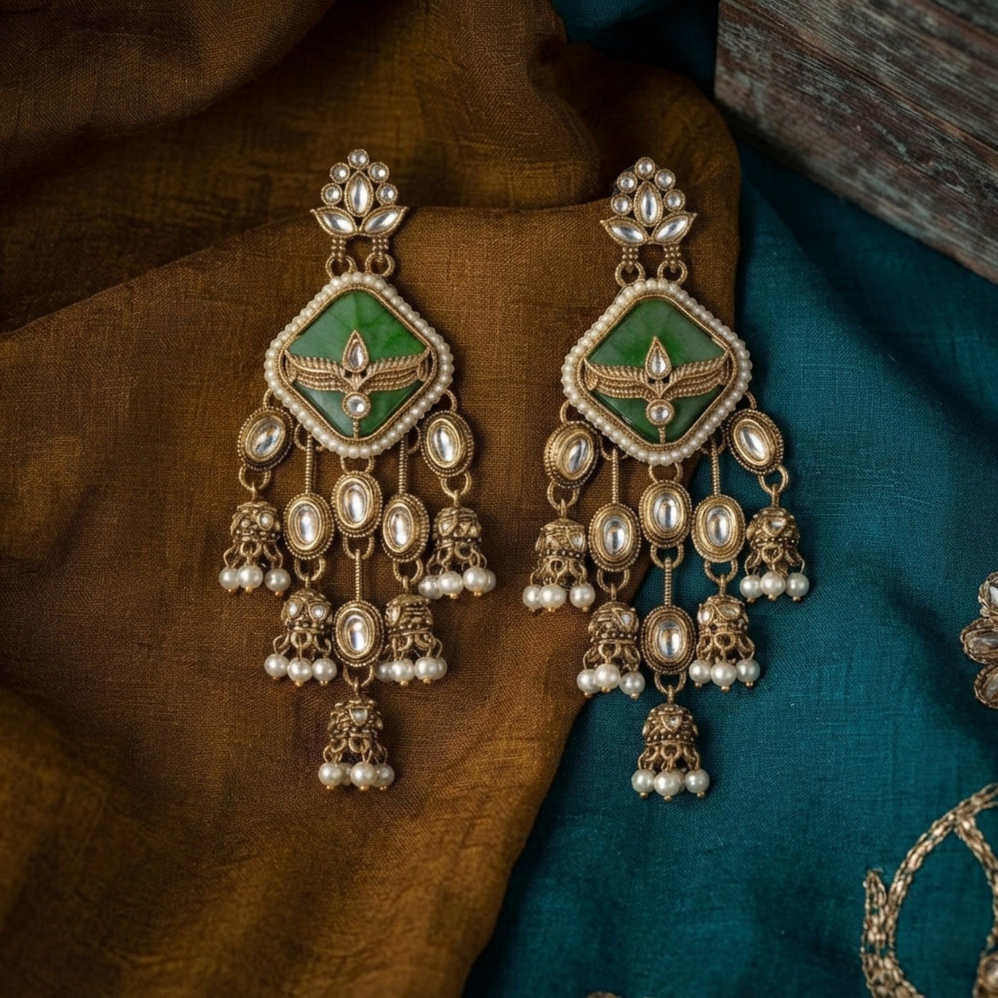 Green Color Kundan Earrings Featuring Beautiful Festive Designer Fashion Appeal