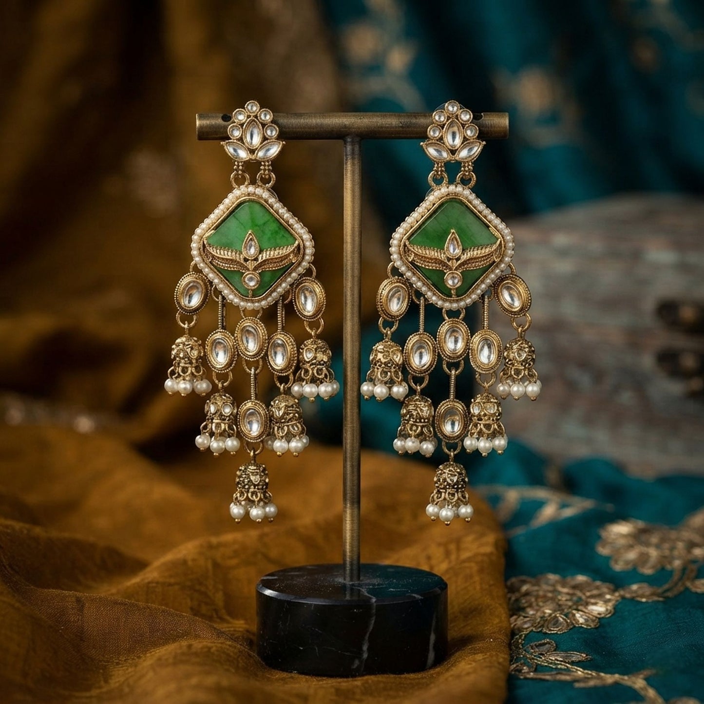 Green Color Kundan Earrings Featuring Beautiful Festive Designer Fashion Appeal