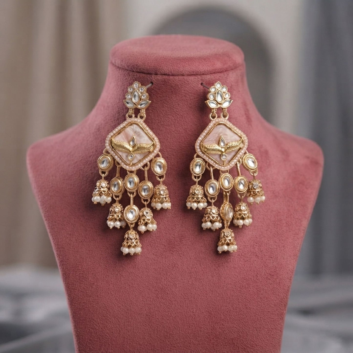 Light Pink Color Kundan Earrings with Elegant Handmade Traditional Jewelry Design