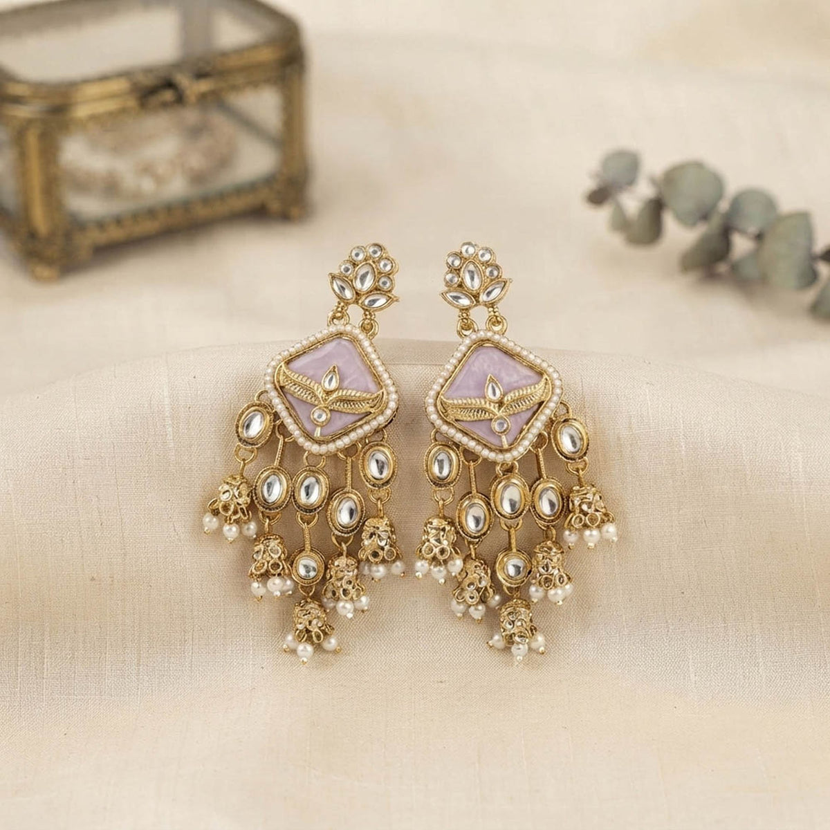 Light Purple Color Kundan Earrings Featuring Beautiful Traditional Handmade Jewelry Style