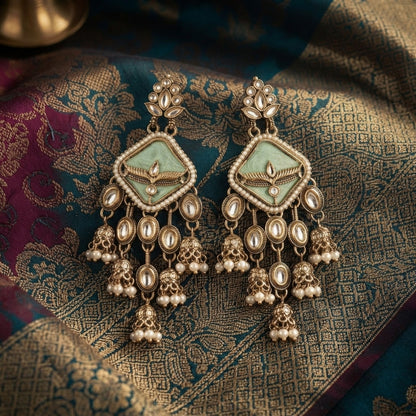 Paris Green Color Kundan Earrings with Premium Festive Designer Appeal