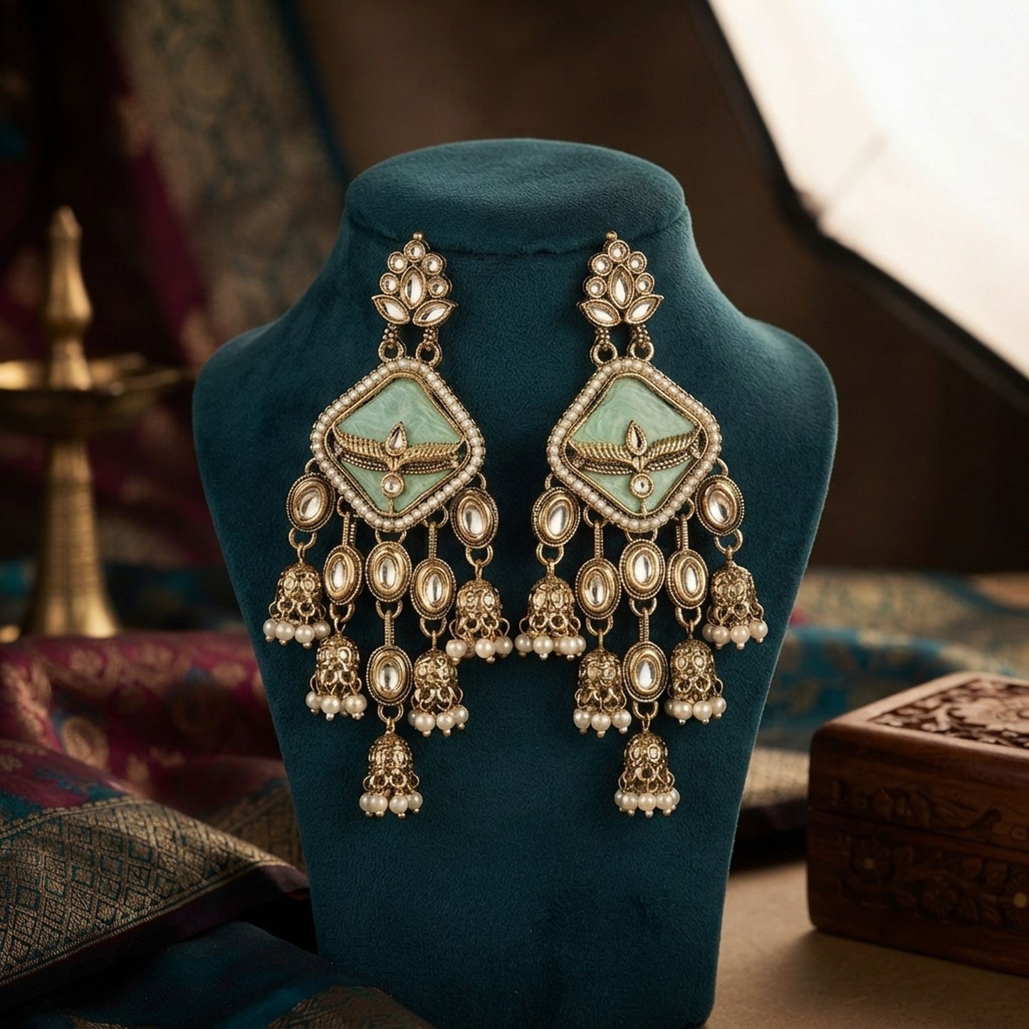 Paris Green Color Kundan Earrings with Premium Festive Designer Appeal