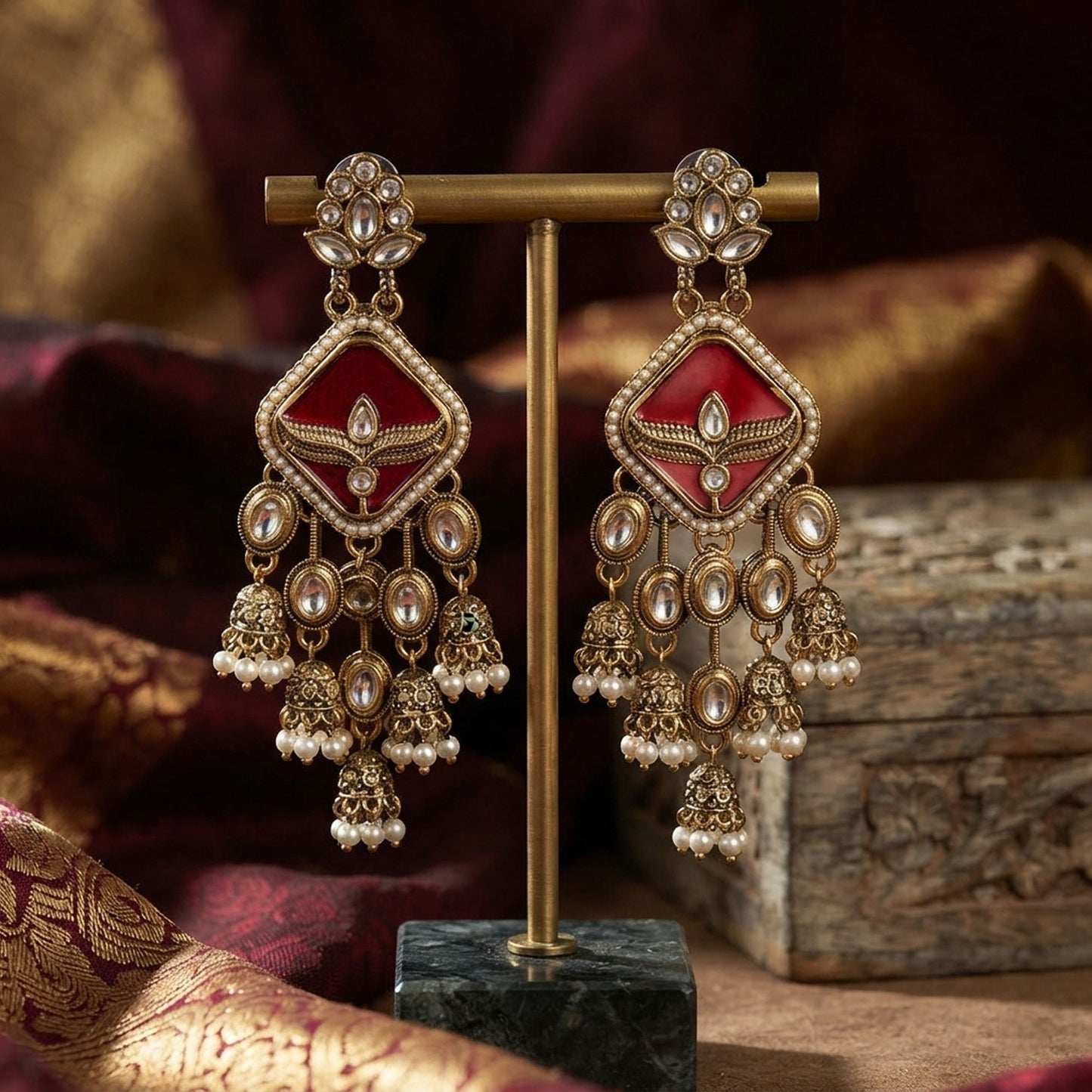 Red Color Kundan Earrings Crafted for Stylish Ethnic Party Wear Appeal