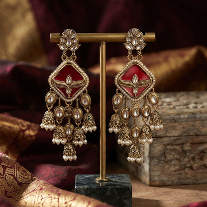 Red Color Kundan Earrings Crafted for Stylish Ethnic Party Wear Appeal