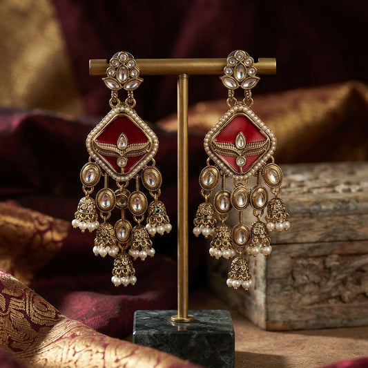 Red Color Kundan Earrings Crafted for Stylish Ethnic Party Wear Appeal