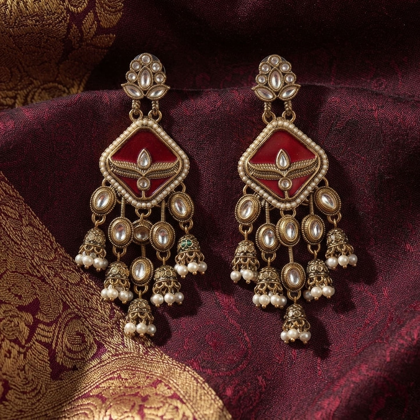 Red Color Kundan Earrings Crafted for Stylish Ethnic Party Wear Appeal