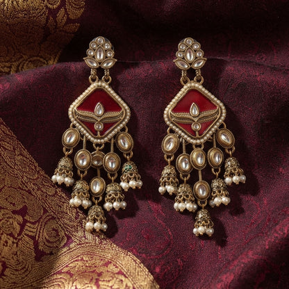 Red Color Kundan Earrings Crafted for Stylish Ethnic Party Wear Appeal